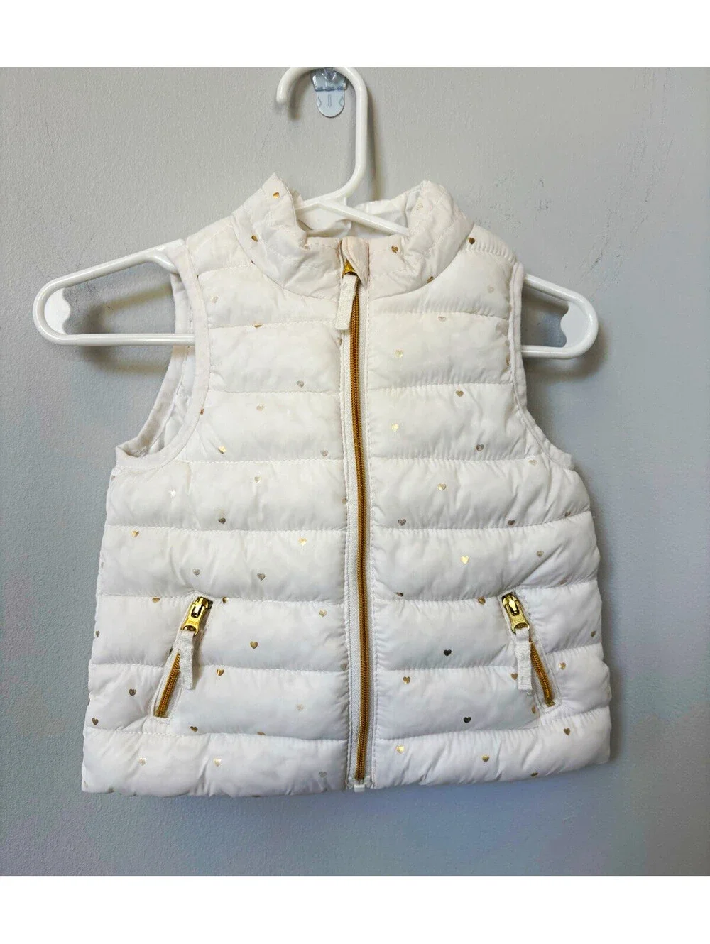 Gymboree White/Gold Heart Puffer Vest Full Zip Girls 6-12 Months Fall/Winter